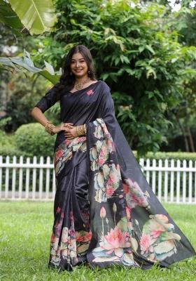 Black Solid Silk Blend Saree Set