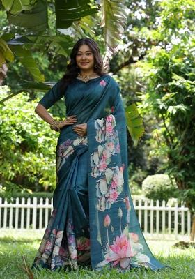 Blue Solid Silk Blend Saree Set