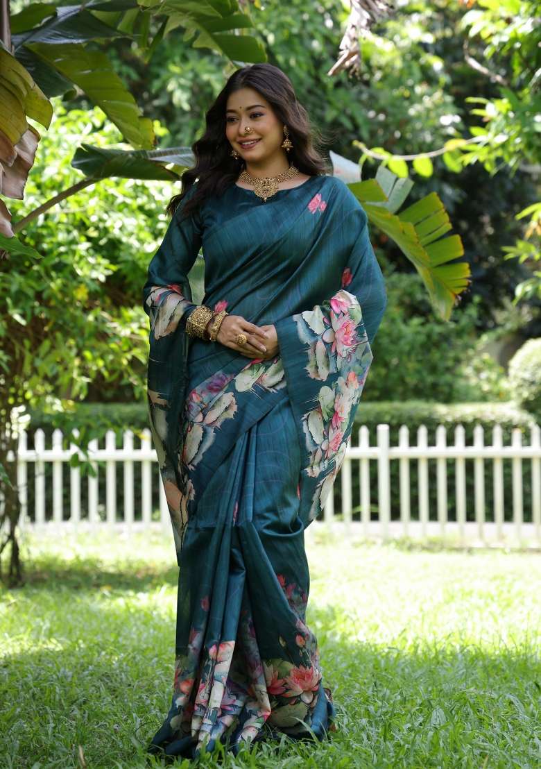 Blue Solid Silk Blend Saree Set - Indya