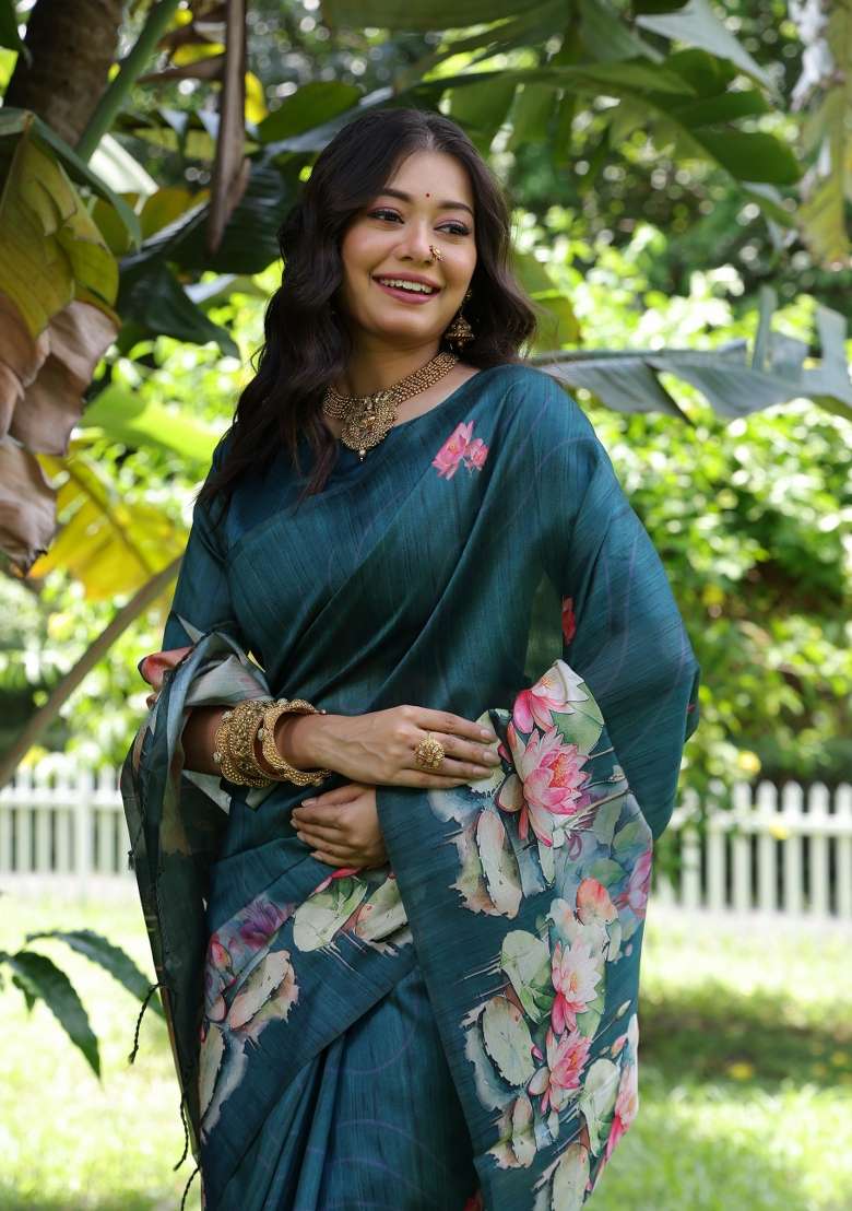 Blue Solid Silk Blend Saree Set - Indya