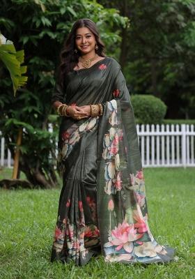 Green Solid Silk Blend Saree Set