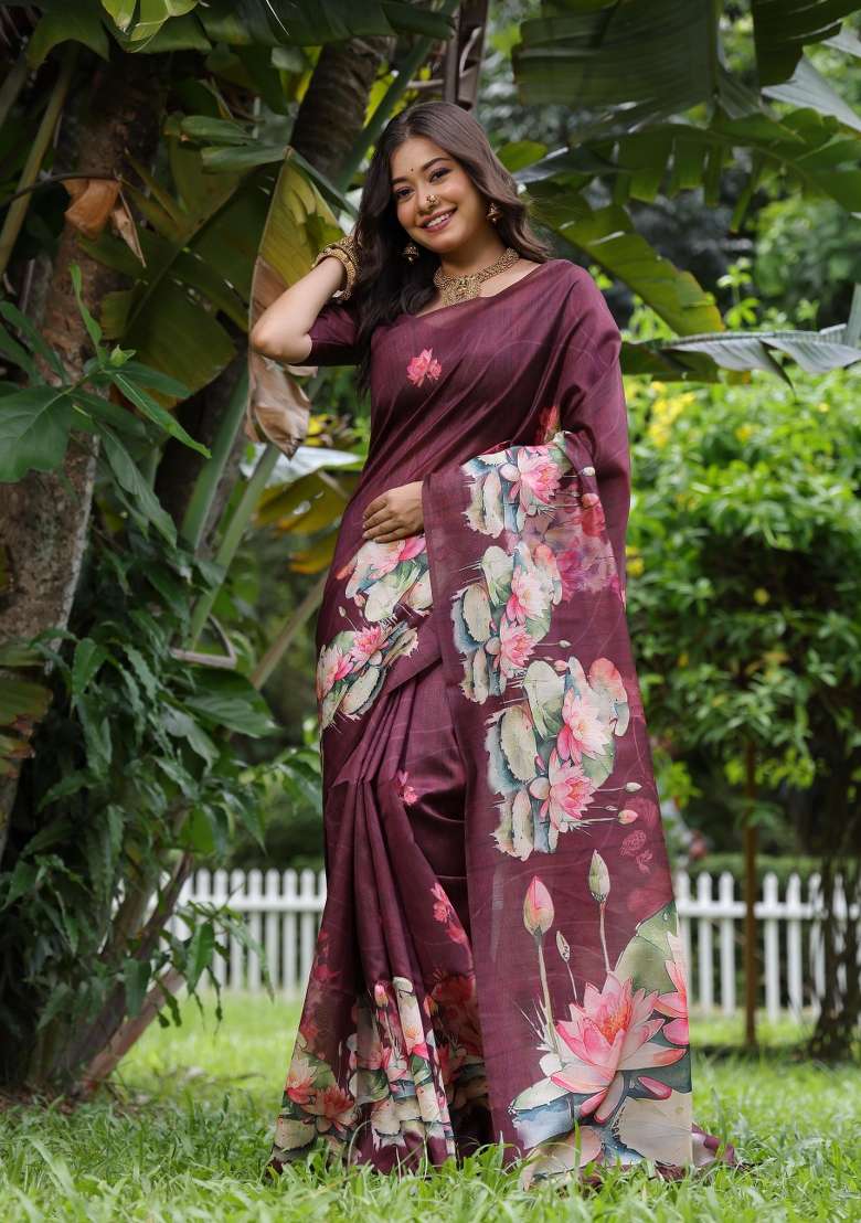 Maroon Solid Silk Blend Saree Set - Indya