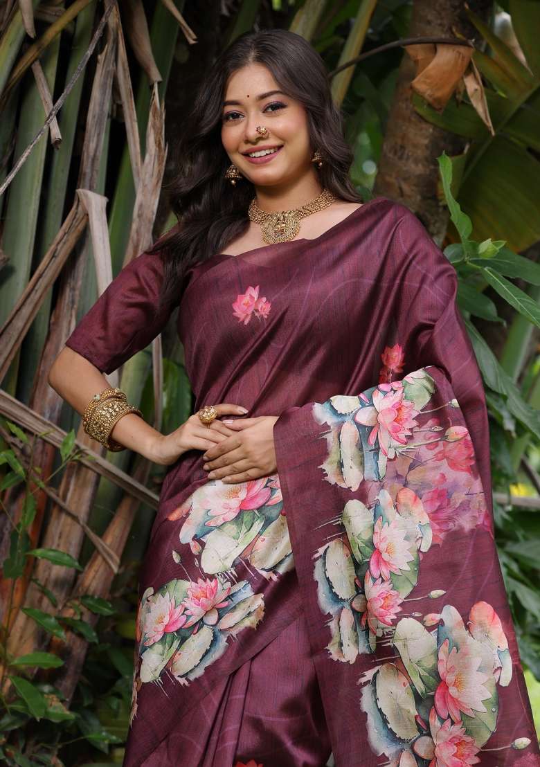 Maroon Solid Silk Blend Saree Set - Indya