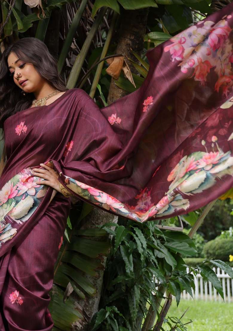Maroon Solid Silk Blend Saree Set - Indya