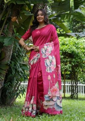 Pink Solid Silk Blend Saree Set