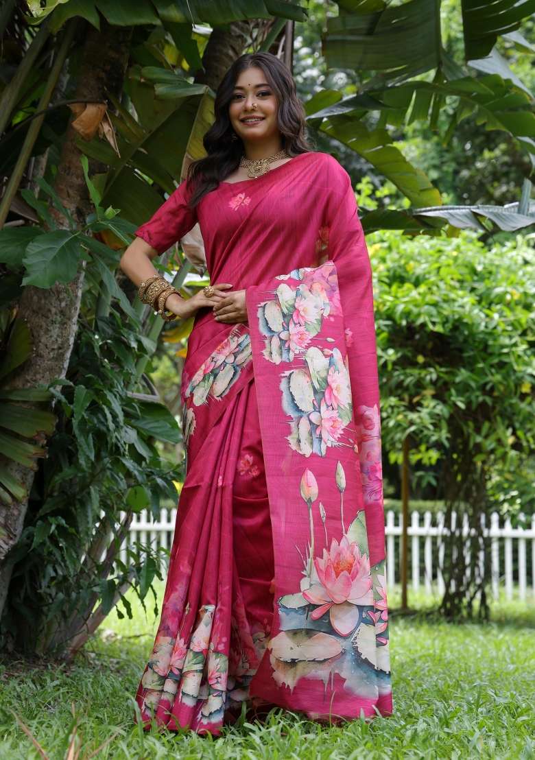 Pink Solid Silk Blend Saree Set - Indya
