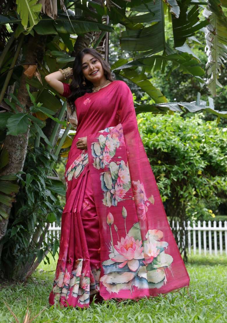 Pink Solid Silk Blend Saree Set - Indya