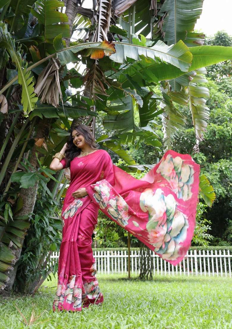 Pink Solid Silk Blend Saree Set - Indya
