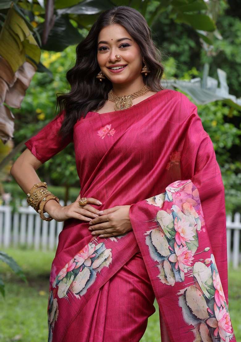 Pink Solid Silk Blend Saree Set - Indya