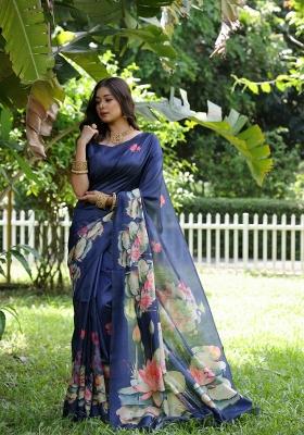 Royal Blue Solid Silk Blend Saree Set