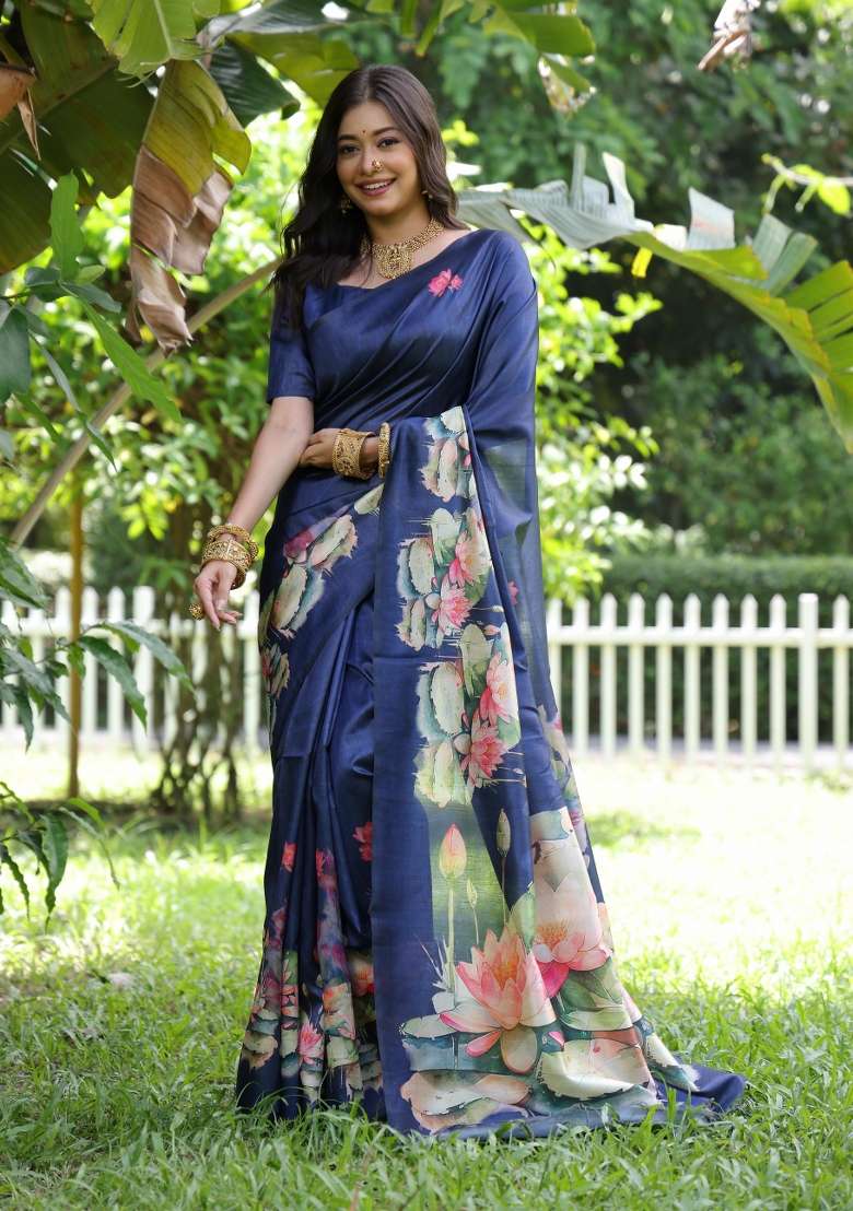 Royal Blue Solid Silk Blend Saree Set - Indya