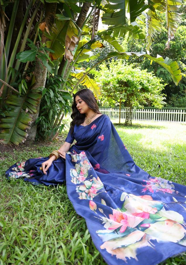 Royal Blue Solid Silk Blend Saree Set - Indya