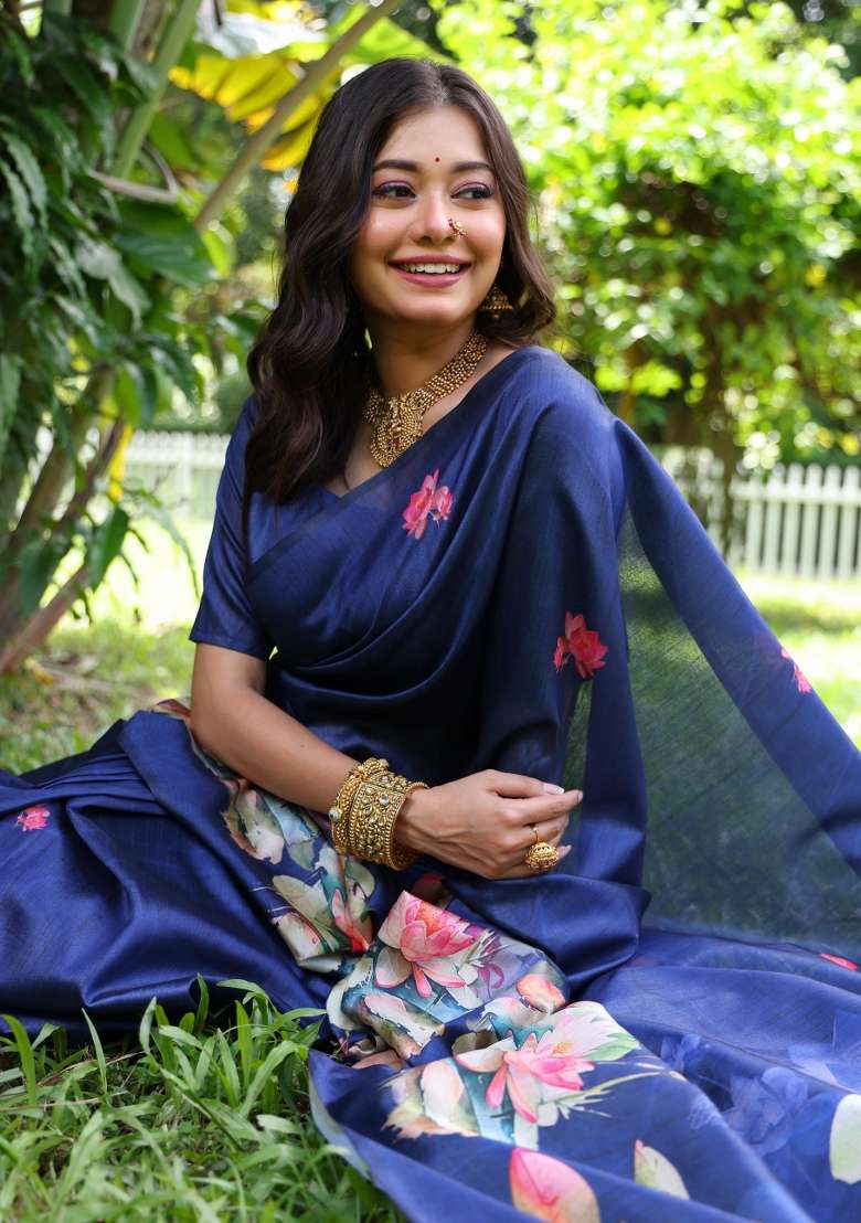 Royal Blue Solid Silk Blend Saree Set - Indya