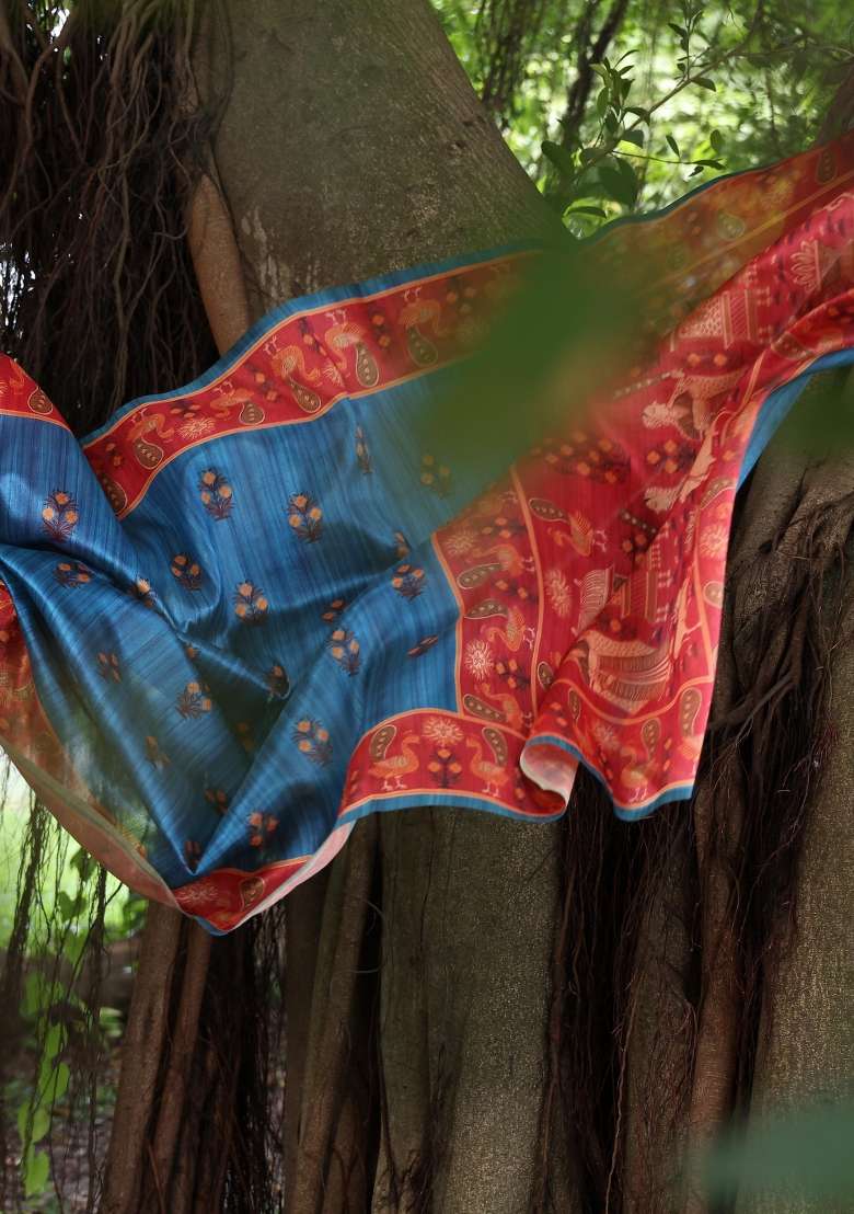 Blue Solid Silk Blend Saree Set - Indya