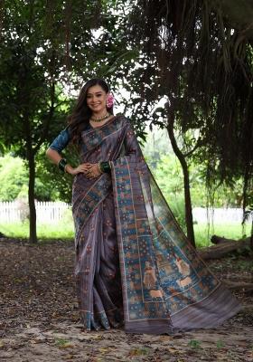 Grey Solid Silk Blend Saree Set