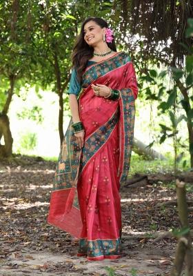 Red Solid Silk Blend Saree Set
