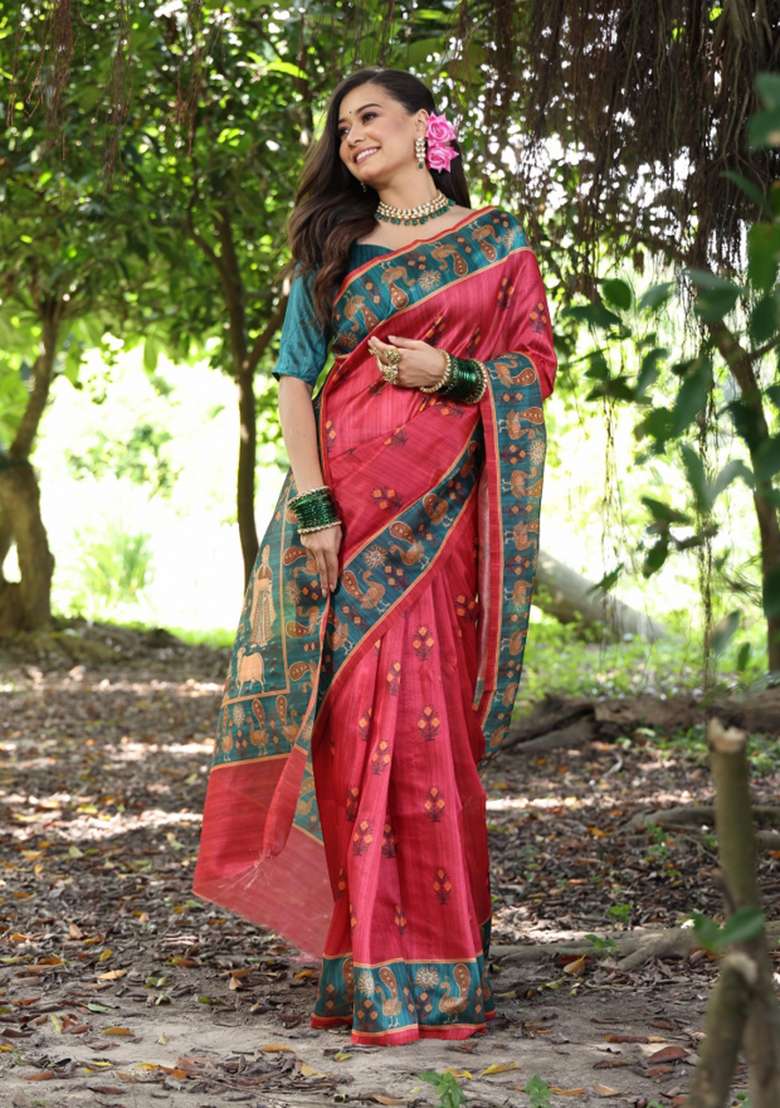 Red Solid Silk Blend Saree Set - Indya