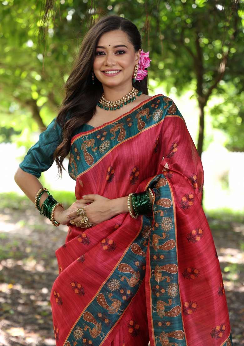 Red Solid Silk Blend Saree Set - Indya