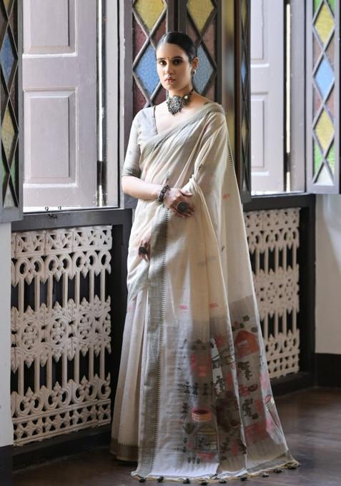 Grey Solid Cotton Saree Set