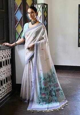 Navy Blue Solid Cotton Saree Set