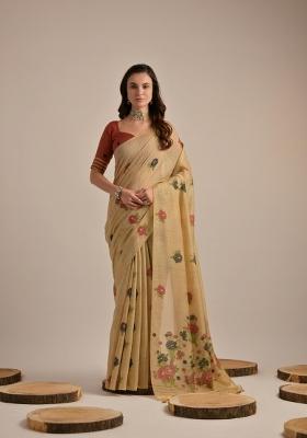 Beige Solid Cotton Saree Set