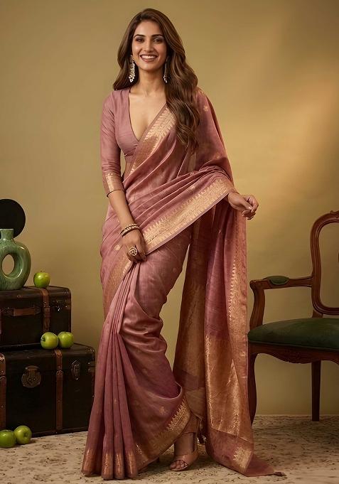 Dusty Rose Zari Work Linen Saree Set