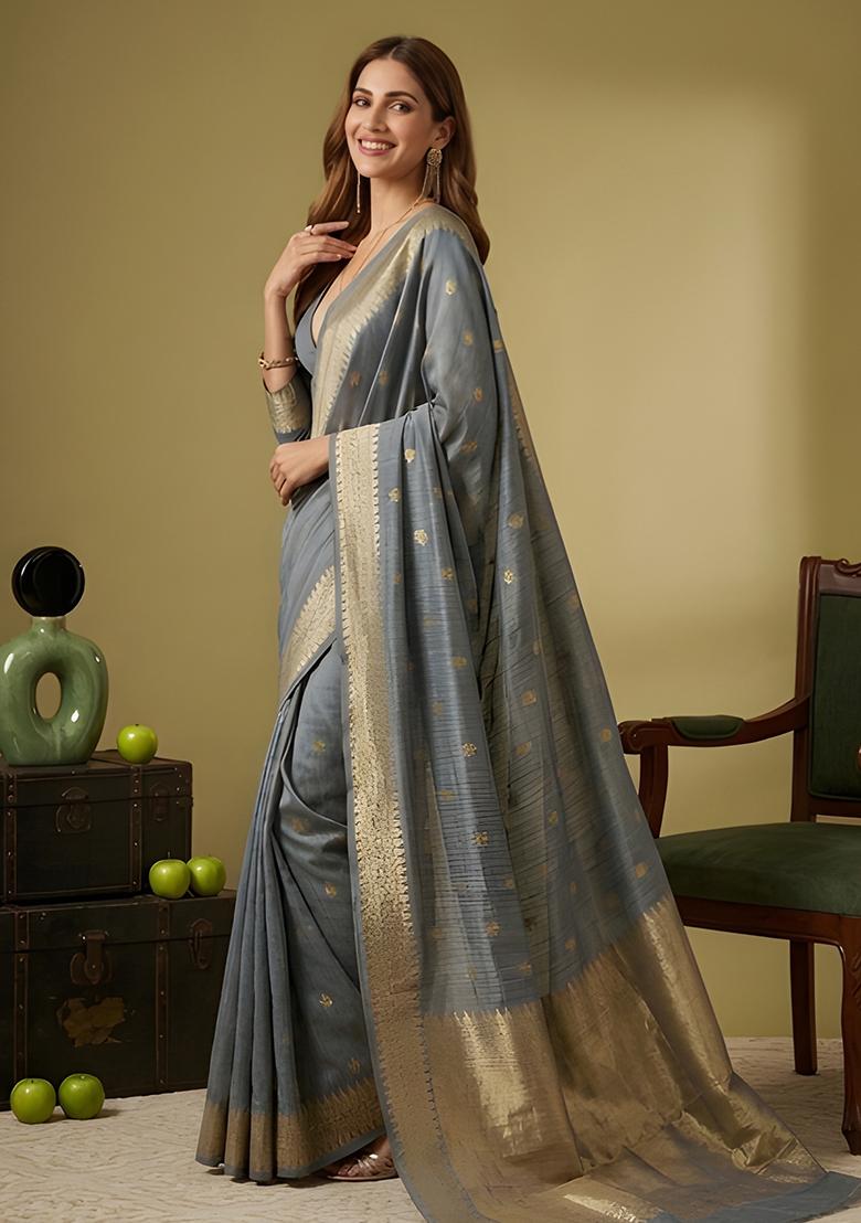 Light Blue Zari Work Linen Saree Set - Indya