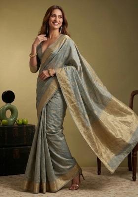 Grey Zari Work Linen Saree Set