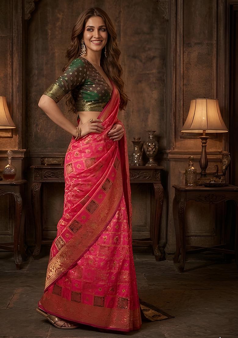 Rani Pink Zari Work Banarasi Saree Set - Indya
