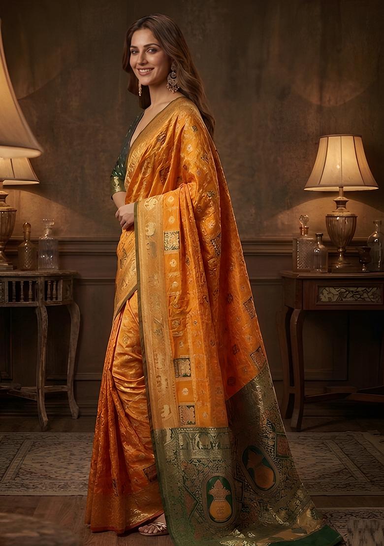 Yellow Zari Work Banarasi Saree Set - Indya