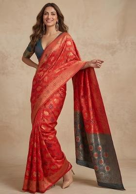 Red Zari Work Banarasi Saree Set