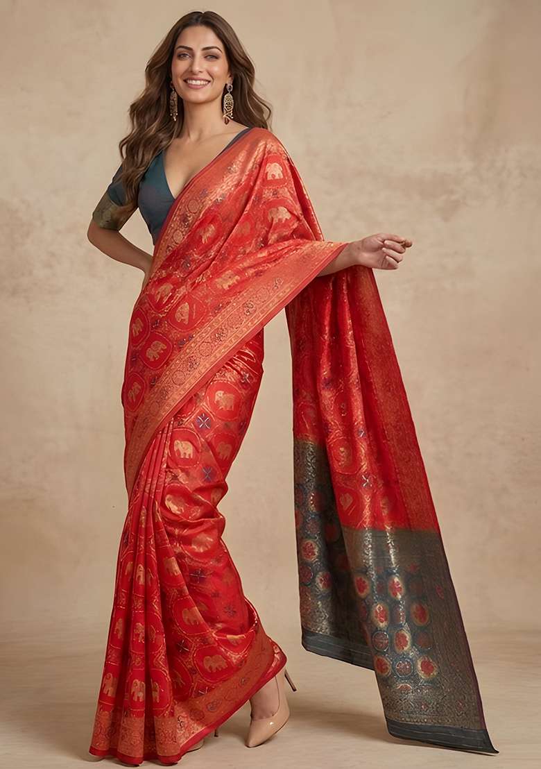 Red Banarasi Saree Set with Zari Work for Diwali | Wedding & Festive Wear - Indya
