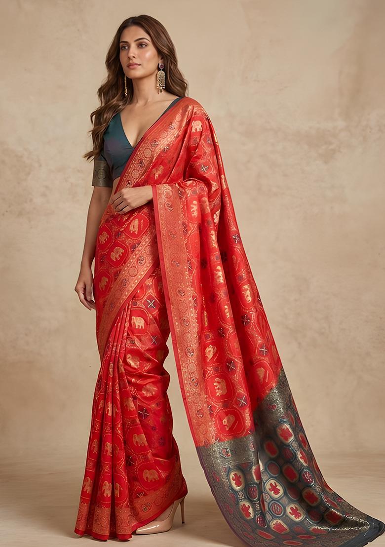 Red Zari Work Banarasi Saree Set - Indya