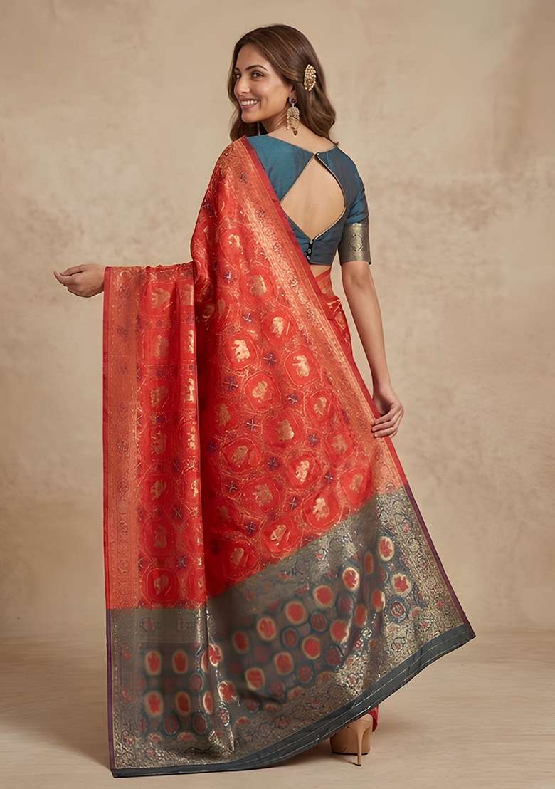 Red Banarasi Saree Set with Zari Work for Diwali | Wedding & Festive Wear - Indya