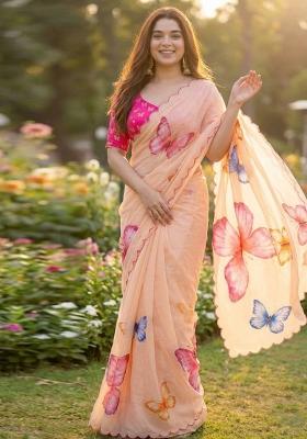 Peach Hand Work Georgette Saree Set