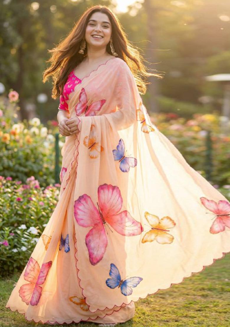 Peach Hand Work Georgette Saree Set - Indya