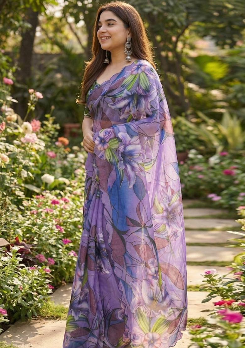 Purple Hand Work Georgette Saree Set - Indya
