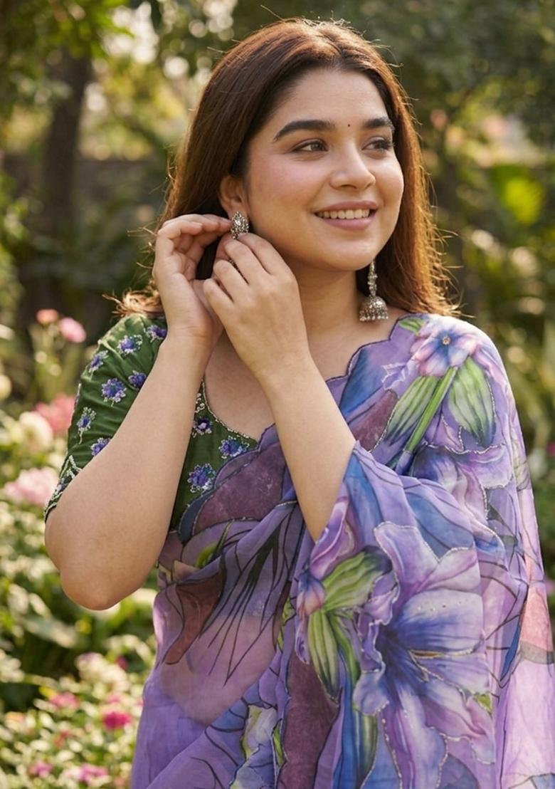 Purple Hand Work Georgette Saree Set - Indya