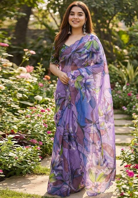 Purple Hand Work Georgette Saree Set