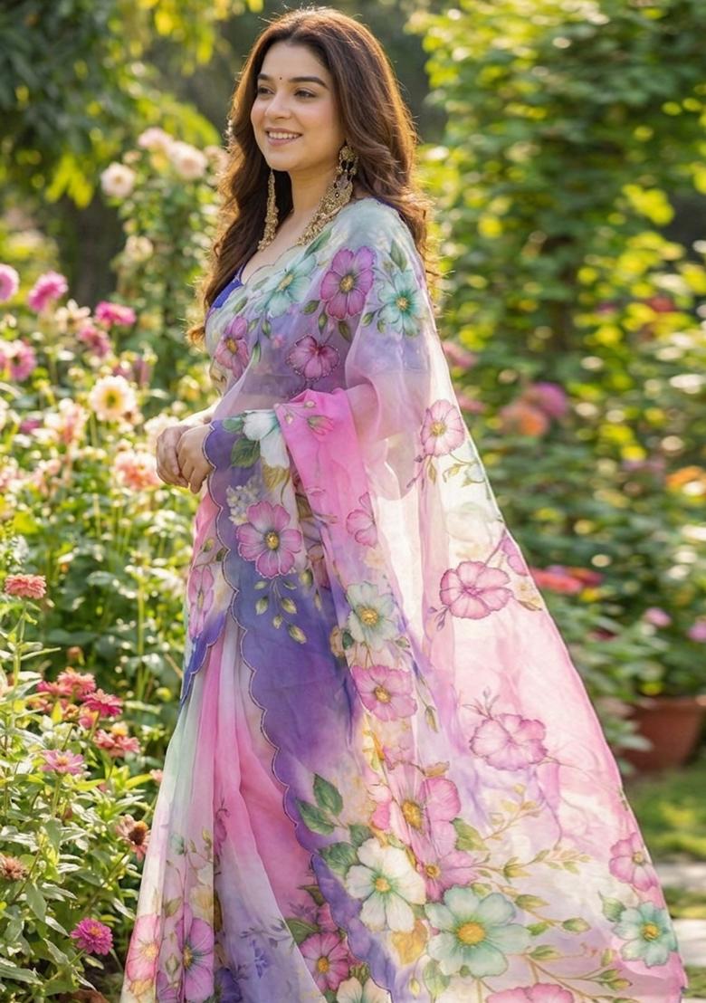 Lavender Hand Work Georgette Saree Set - Indya