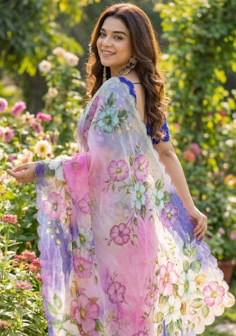 Lavender Georgette Saree Set with Hand Work for Diwali | Wedding & Festive Wear - Indya