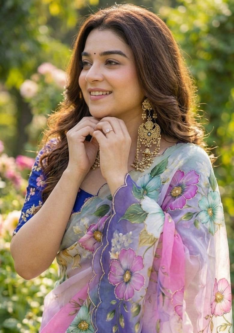 Lavender Hand Work Georgette Saree Set - Indya