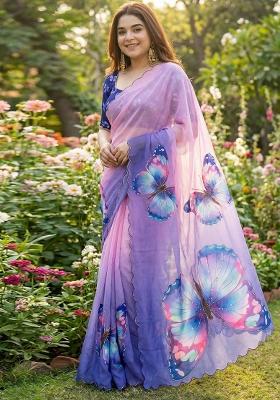 Light Purple Hand Work Georgette Saree Set