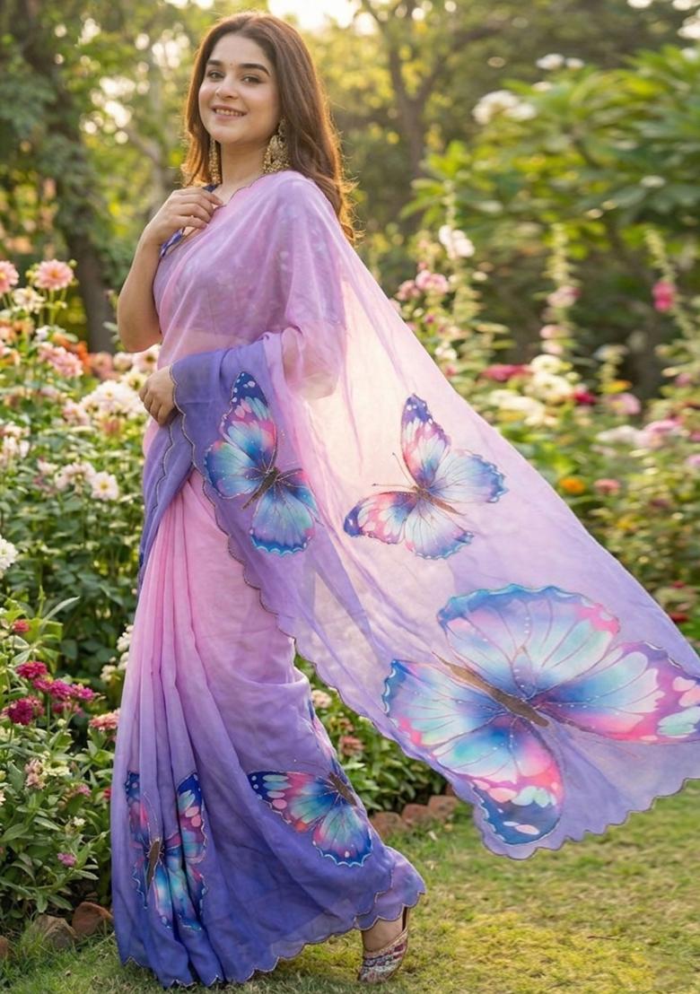 Light Purple Hand Work Georgette Saree Set - Indya