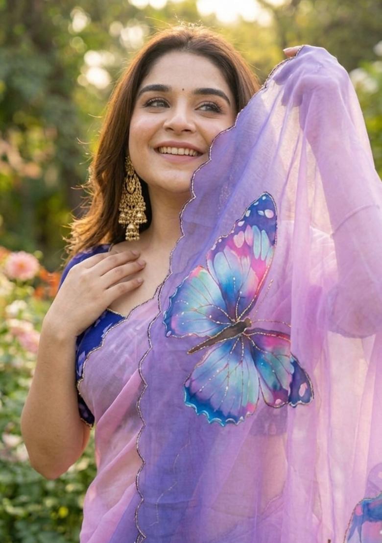 Light Purple Hand Work Georgette Saree Set - Indya