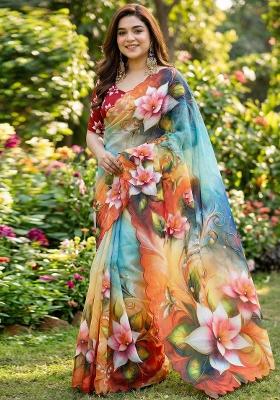 Sky Blue And Orange Hand Work Georgette Saree Set