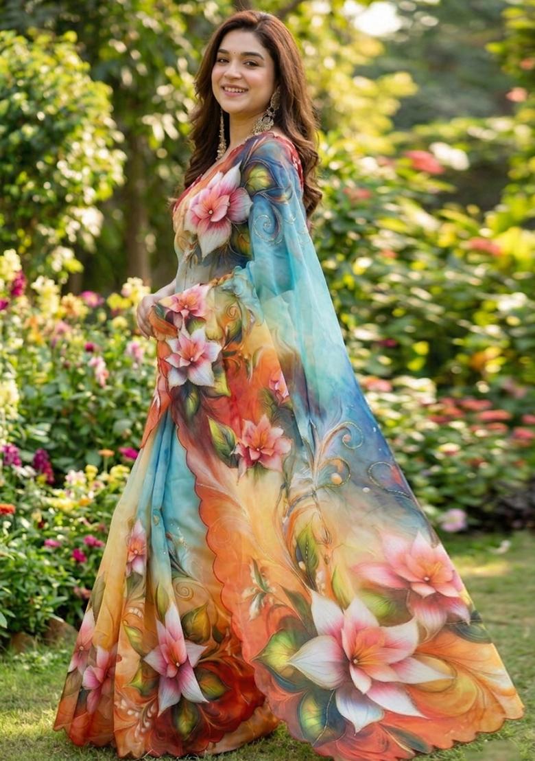 Sky Blue And Orange Hand Work Georgette Saree Set - Indya