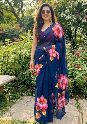 Navy Blue Hand Work Georgette Saree Set