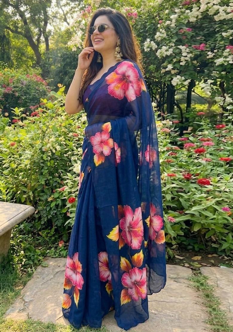 Navy Blue Hand Work Georgette Saree Set - Indya