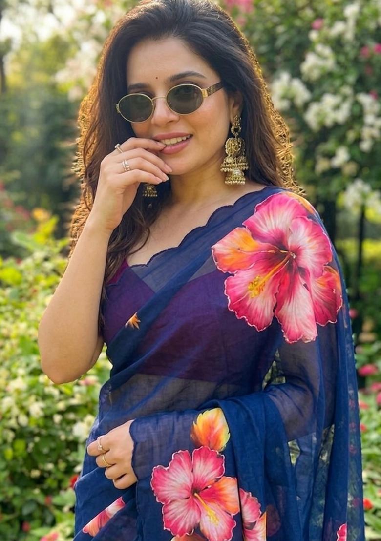 Navy Blue Hand Work Georgette Saree Set - Indya